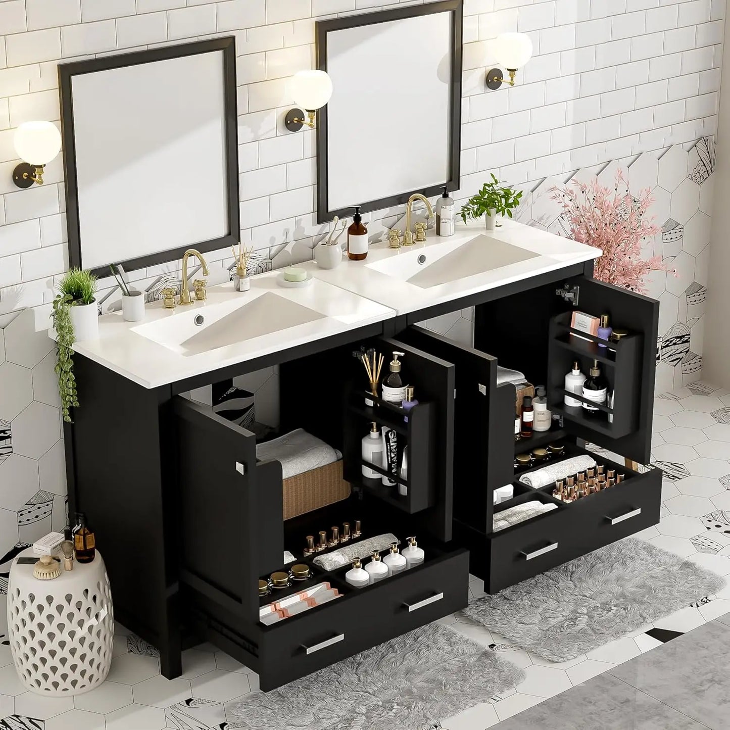60" Double Sink Bathroom Vanity Solid Wood Cabinet Storage Drawers Racks Black, Customized