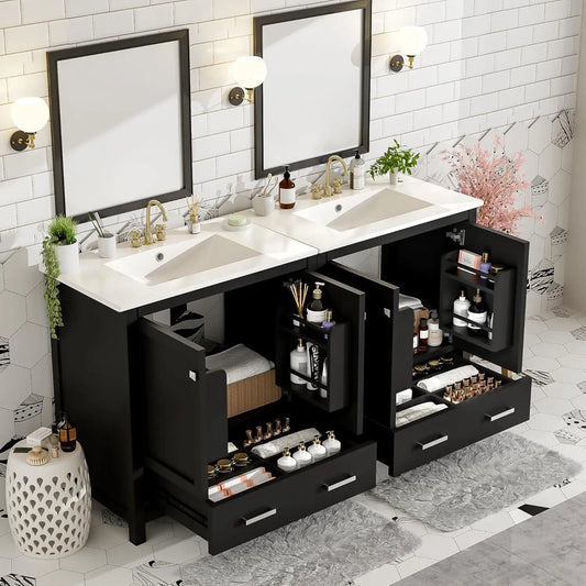 60" Double Sink Bathroom Vanity Solid Wood Cabinet Storage Drawers Racks Black, Customized