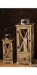 Large Rustic Wooden Decorative Lantern Set of 2, Modern Farmhouse Distressed Whitewash Floor Candle Lanterns, Indoor/Outdoor Han