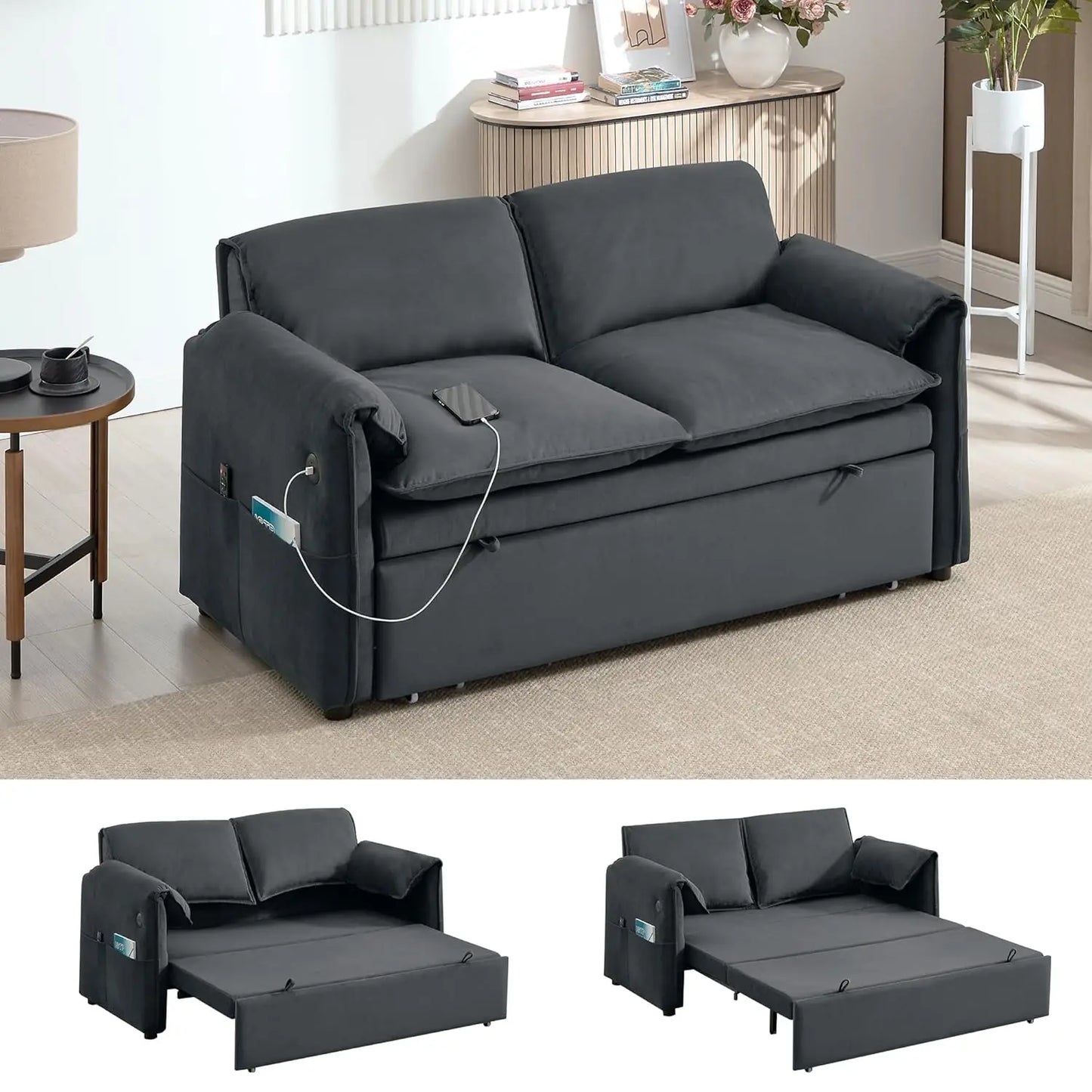 63" Velvet Pull Out Couch, 3 in 1 Convertible Sleeper Sofa Bed with Adjustable Backrest, Modern Loveseat Sleeper, Customized