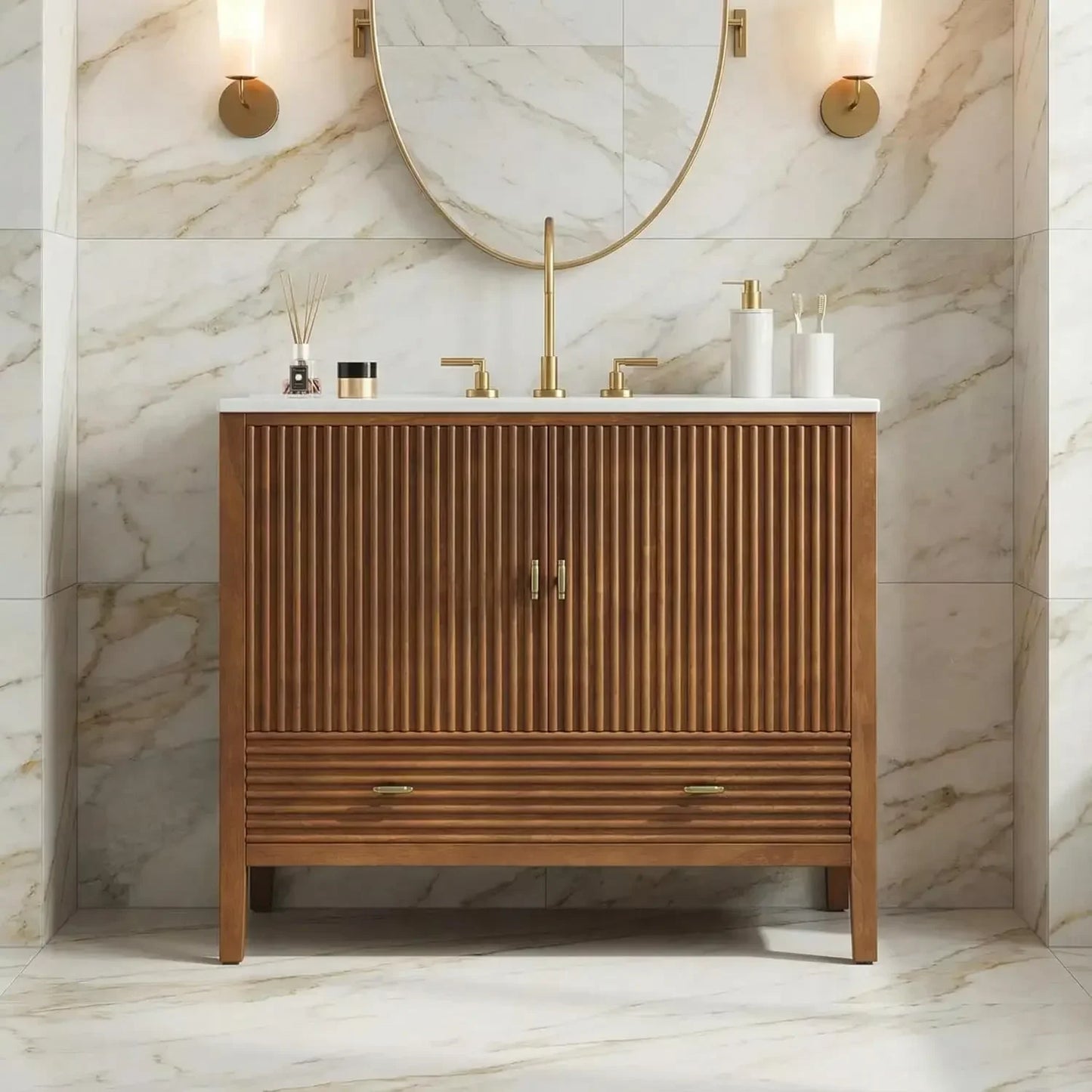 BestsellerBestseller Single Vanity, Bathroom Vanity with Ceramic Sink, Divided Drawer & Dual-Door Storage, Soft-Close, Waln