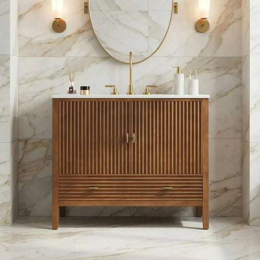 BestsellerBestseller Single Vanity, Bathroom Vanity with Ceramic Sink, Divided Drawer & Dual-Door Storage, Soft-Close, Waln