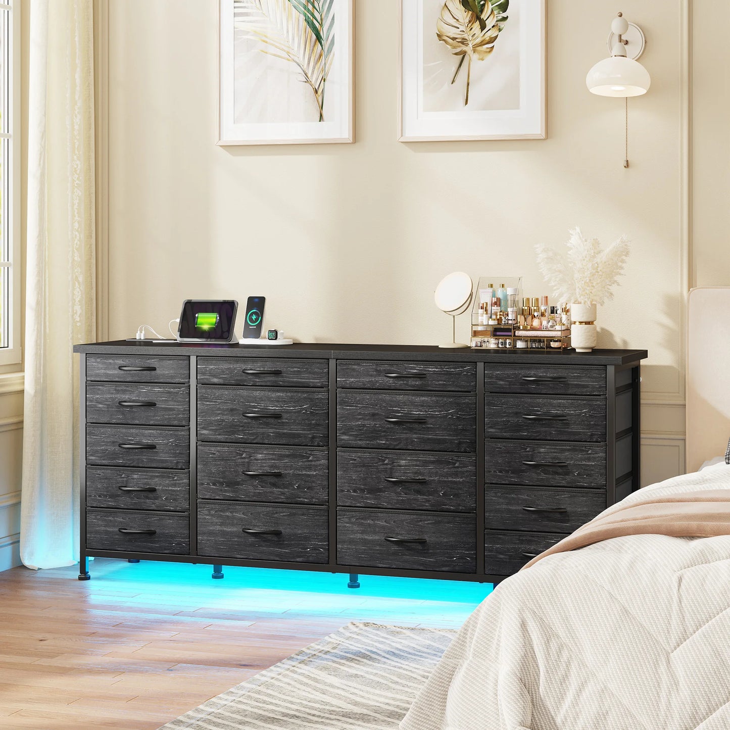 Large Capacity 63 Inch Dresser with 18 Deep Drawers LED Lighting and Built In Power Hub for Bedroom Living Room or Hallway