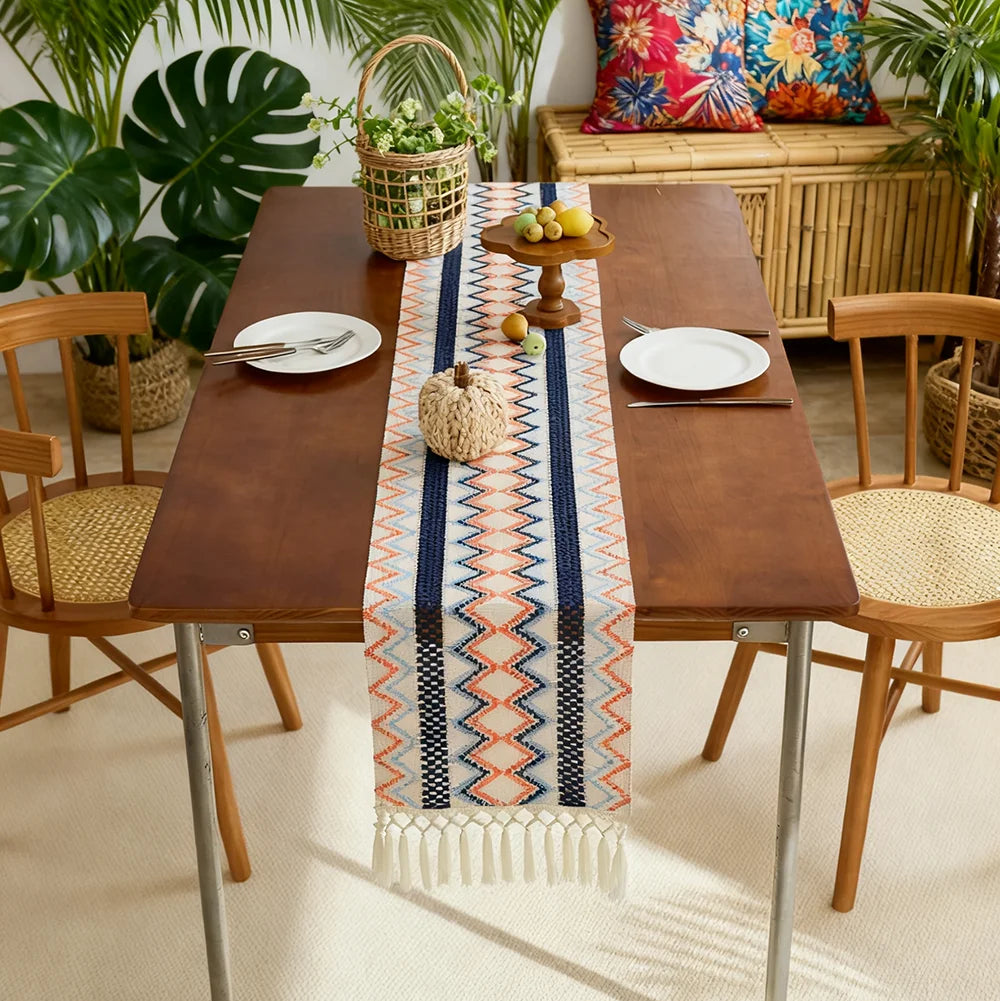 Bohemian Aztec Outdoor Table Runner with Tassels- Woven Patio Dining Decor for Coastal & Tropical Sp