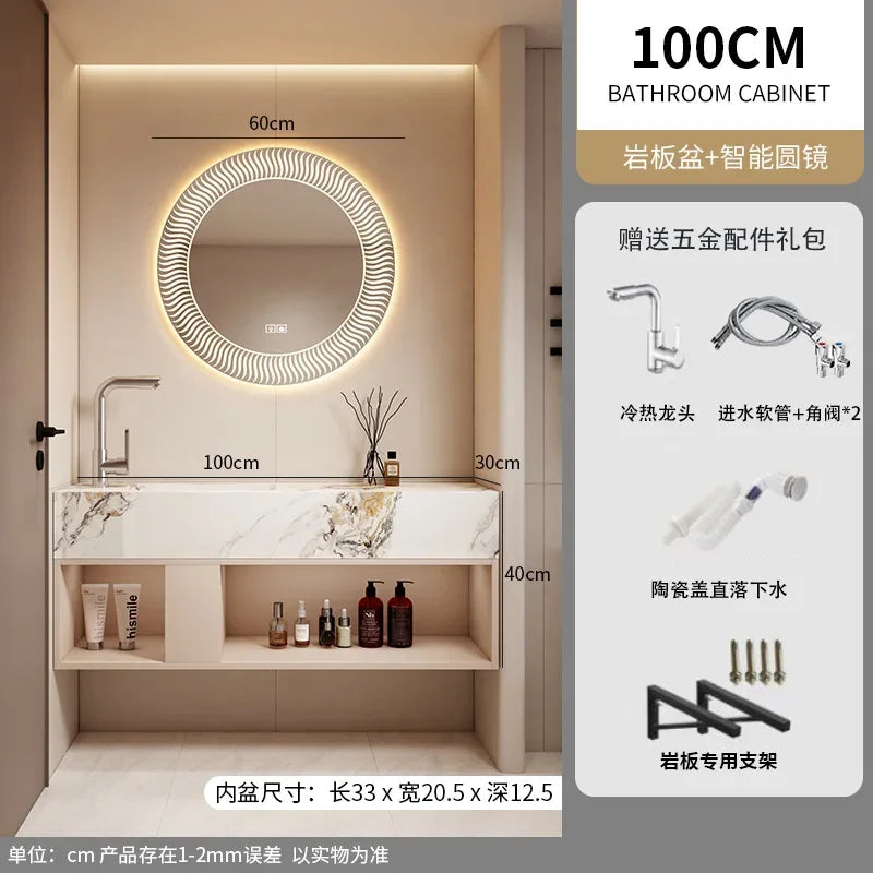 Modern Bathroom Vanity Cabinet Sink Small-sized Bathroom Cabinet with Smart Round Mirror Rock Ceramic Basin Bathroom Furniture