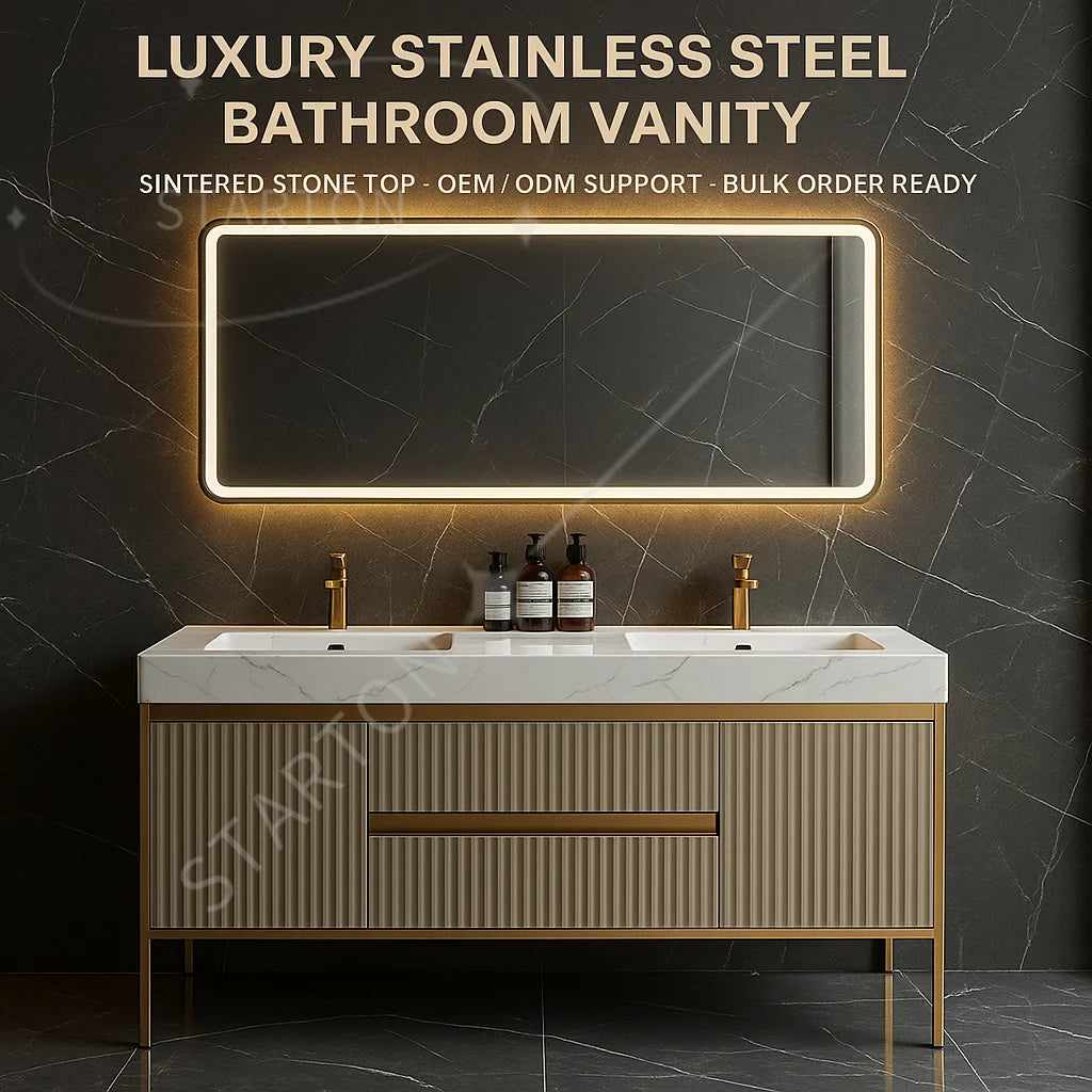 Luxury Countertop Double Basin Vanity Sink Bathroom Stainless Steel Marble Countertop Bathroom Cabinets Vanities