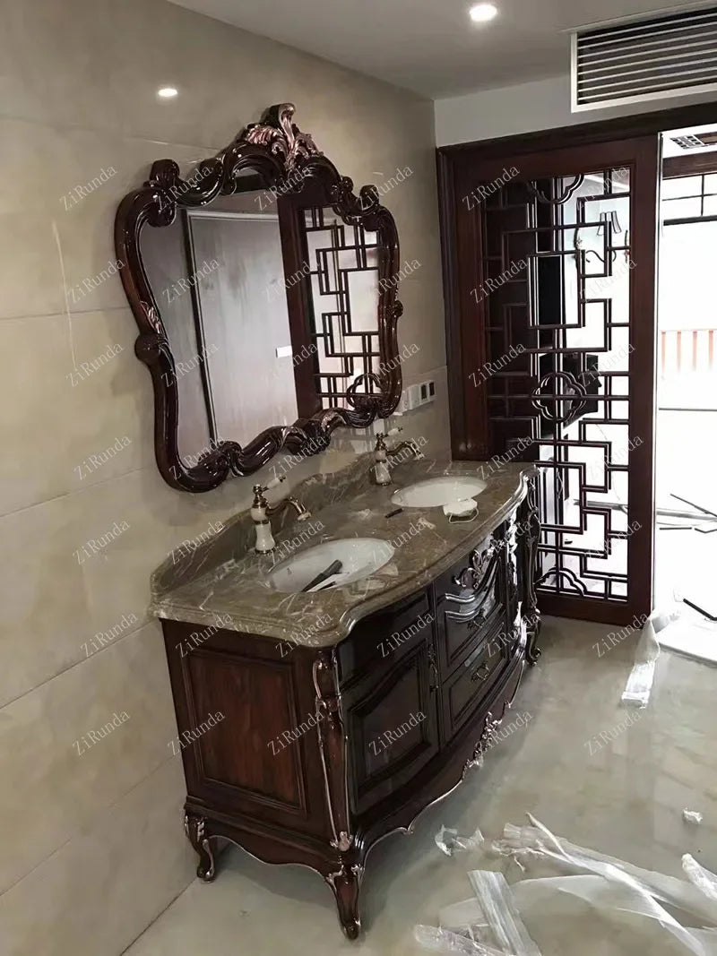 ~New Curved European Bathroom Cabinet Antique Washbasin Oak Combination Bathroom Double Basin Wash Basin Washstand