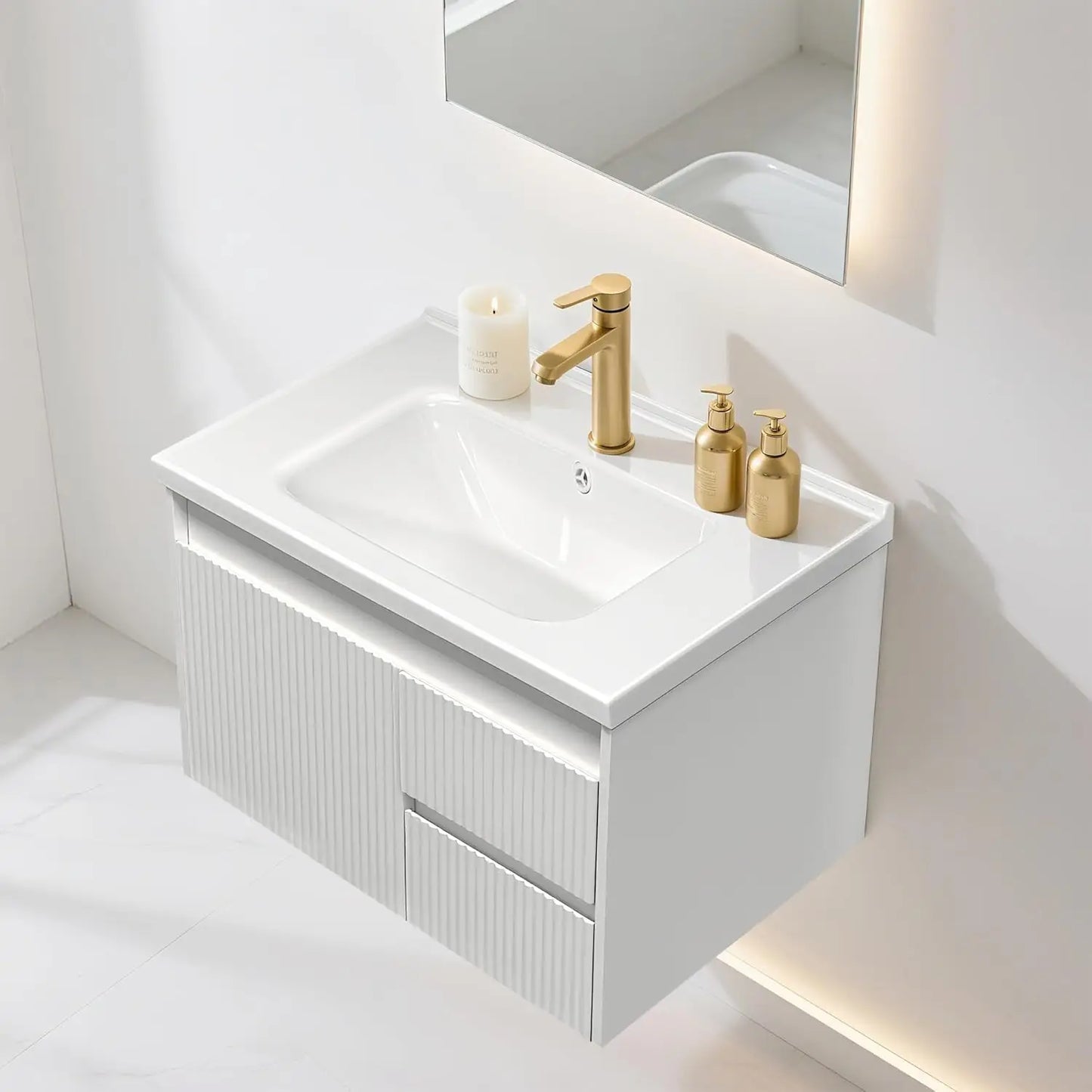 32" Wall Mounted Bathroom Vanity with Sink, Soft-Close Drawers, Wave-Carved Door, Ceramic Top, Customized