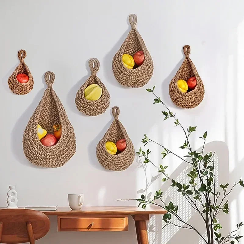 Handwoven Hanging Wall Fruit Vegetable Basket Organizer Container Decor for Kitchen Garden Mount Wall Flower Plant Onion Storage