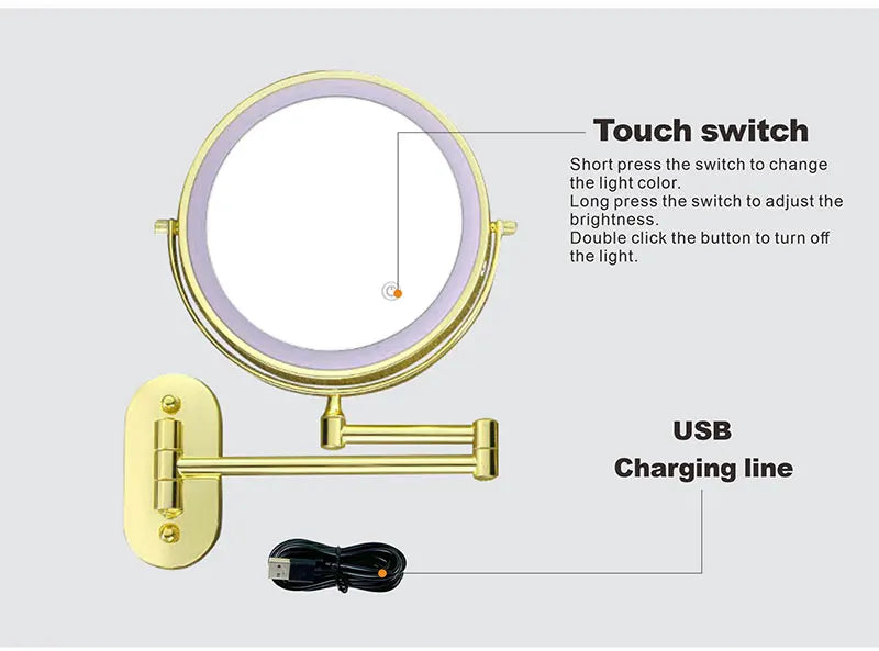 8 inch Makeup Mirror Matte Gold 3x/5x/7x/10x Magnifying Double Side USB Charging Bathroom 3 color light Cosmetic Mirrors