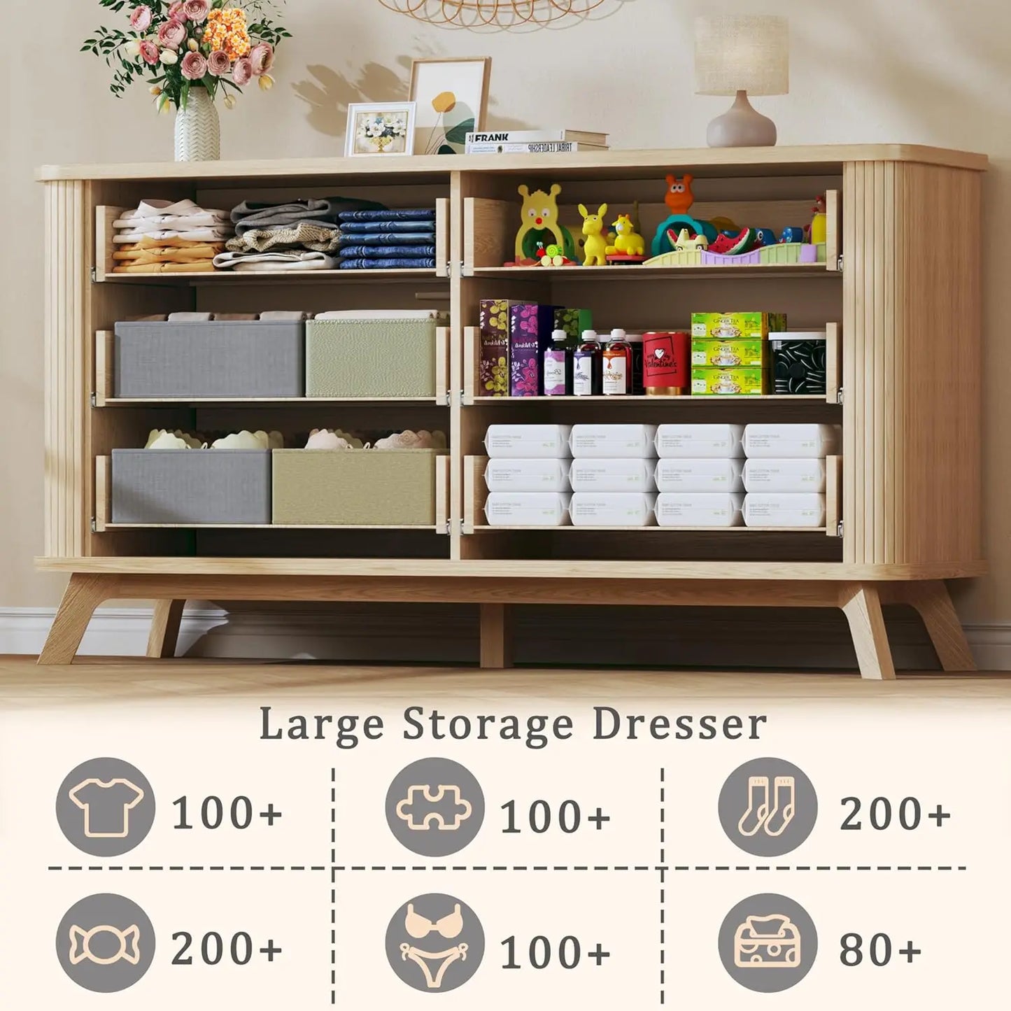 Fluted 6 Drawer Dresser Mid Century Modern Curved Profile Wood Storage Unit for Bedroom Hallway Entryway 55 inch Oak Customized