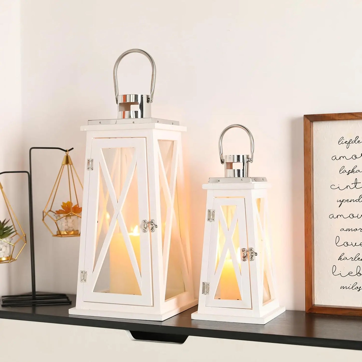 Set of 2 Farmhouse Wood Candle Lantern 22'' &15.5'' H Decorative Candle Holders with Tempered Glass Rustic Hanging Lantern for G