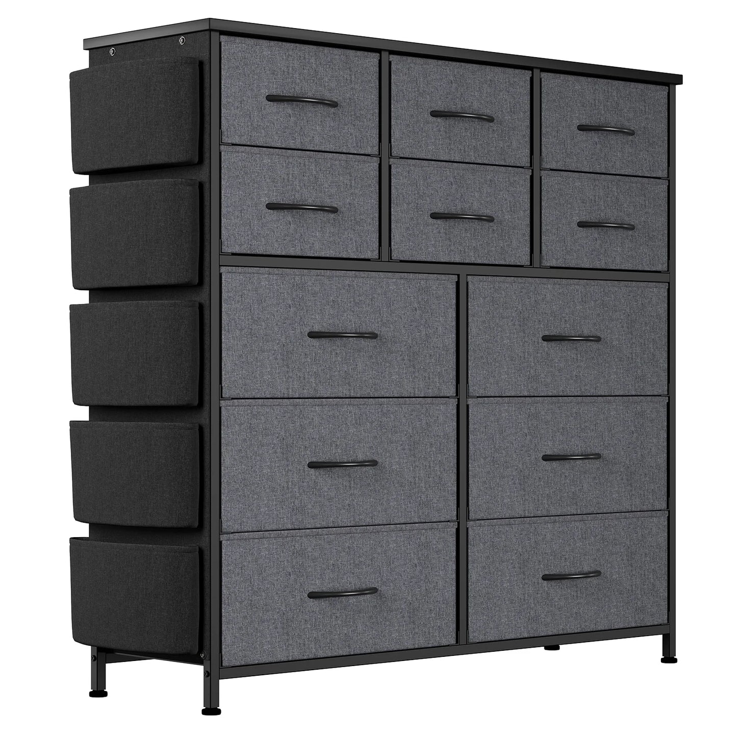 12-Drawer Fabric Dresser for Bedroom,Tall Chest of Drawers,Adjustable Metal Frame,Side Pockets & Hooks Storage Tower for Closet
