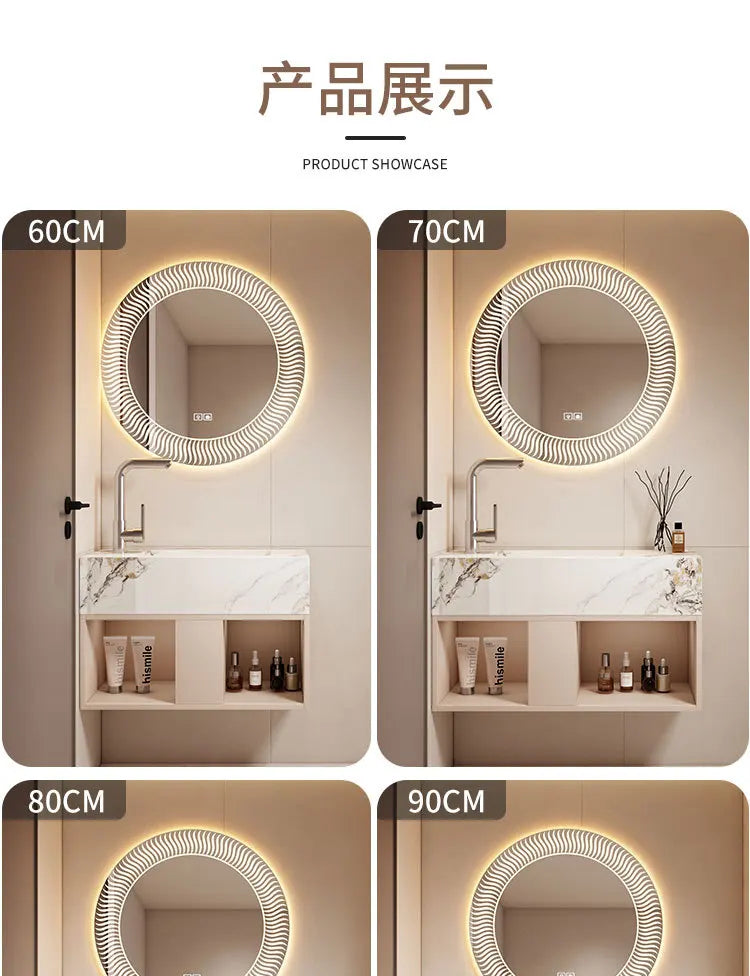 Modern Bathroom Vanity Cabinet Sink Small-sized Bathroom Cabinet with Smart Round Mirror Rock Ceramic Basin Bathroom Furniture