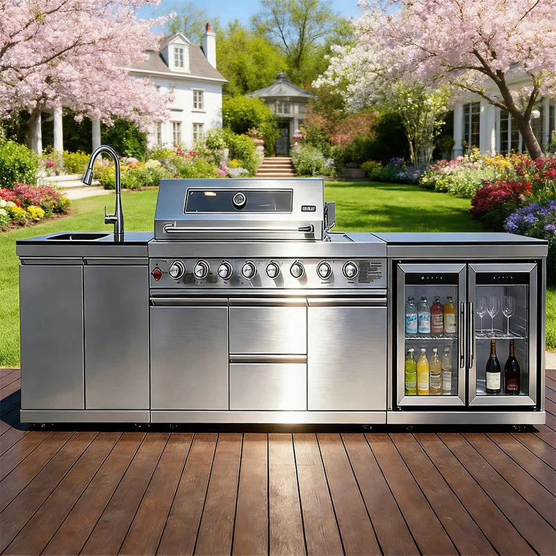 A Full Kitchen Suite Including Grill Cooktop Sink And Fridge With Waterproof Custom Outdoor Stainless Steel Cabinet For Backyard