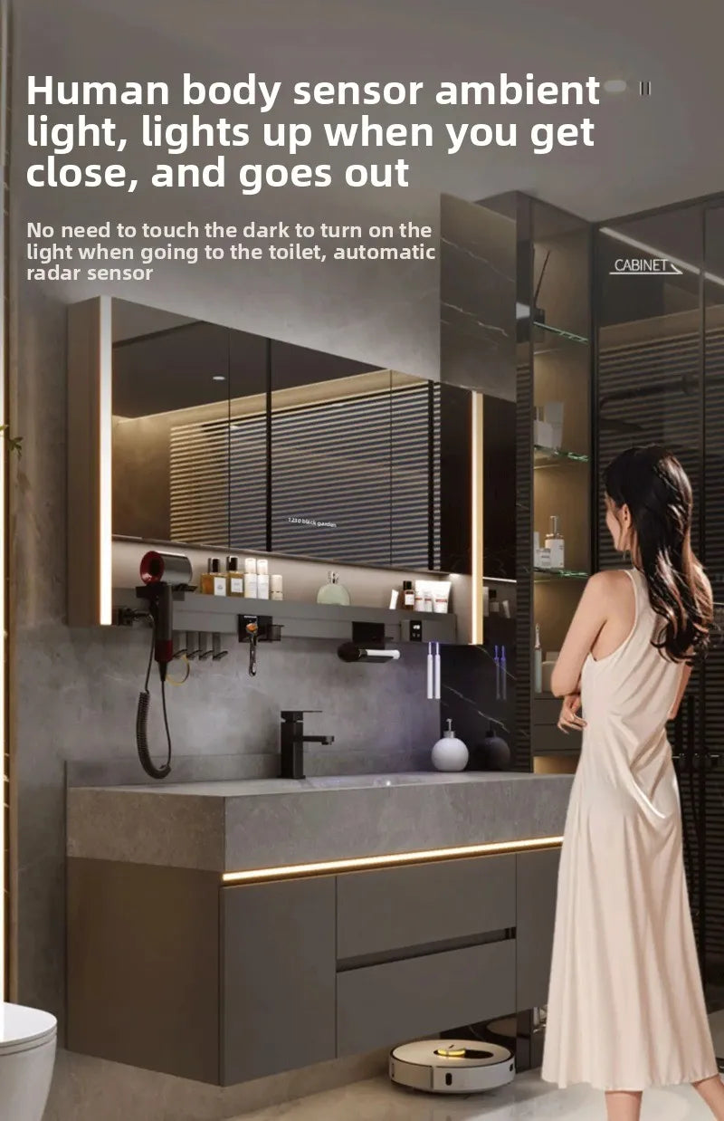 Bathroom Cabinet with Rock Plate Integrated Basin Bathroom Vanity Cabinet with Sink Smart Mirror Combination Bathroom Furniture