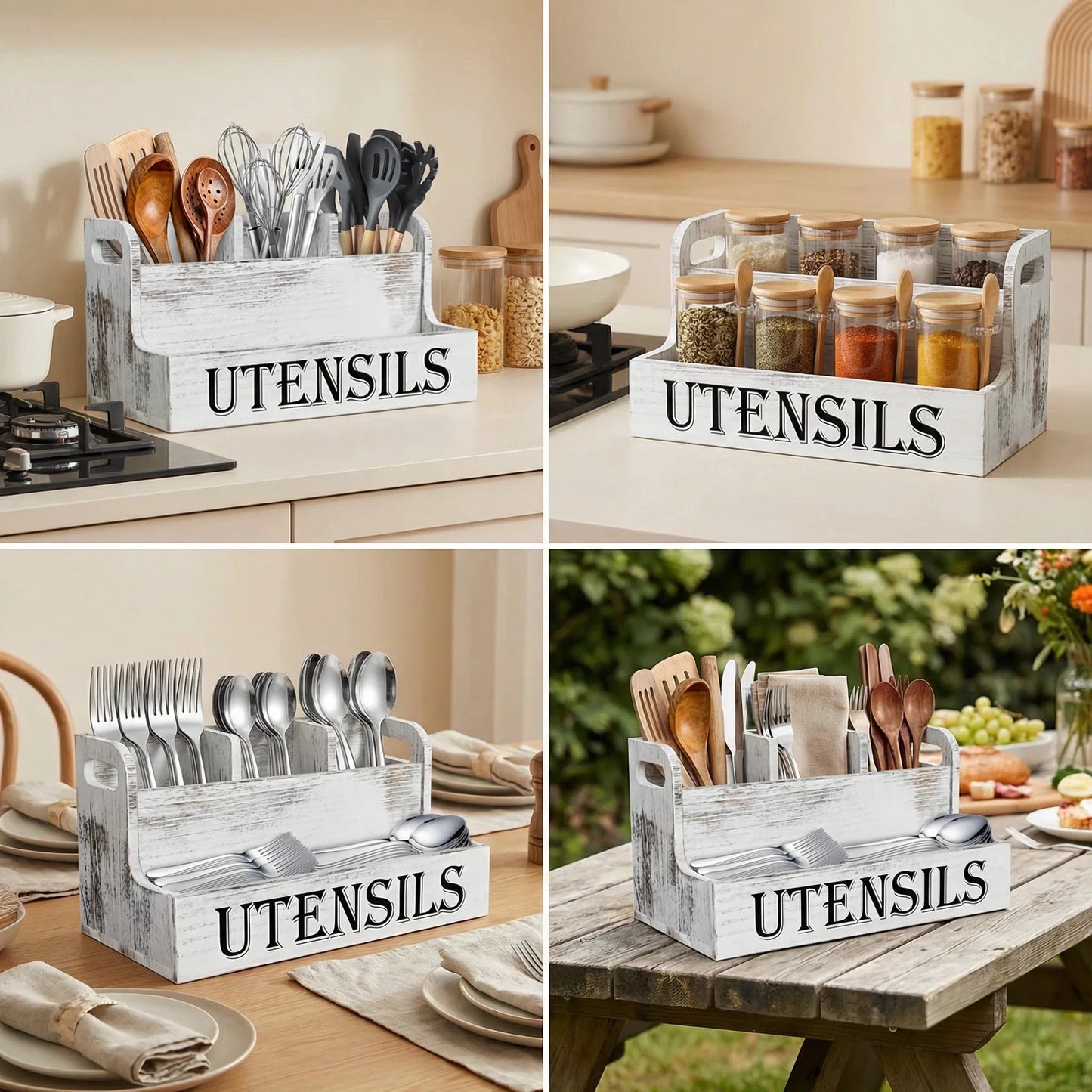 Wooden Kitchen Utensil Rack - With 4 Compartments Kitchen Utensil Organizer, Rustic Farmhouse Countertop Cookware Storage Box