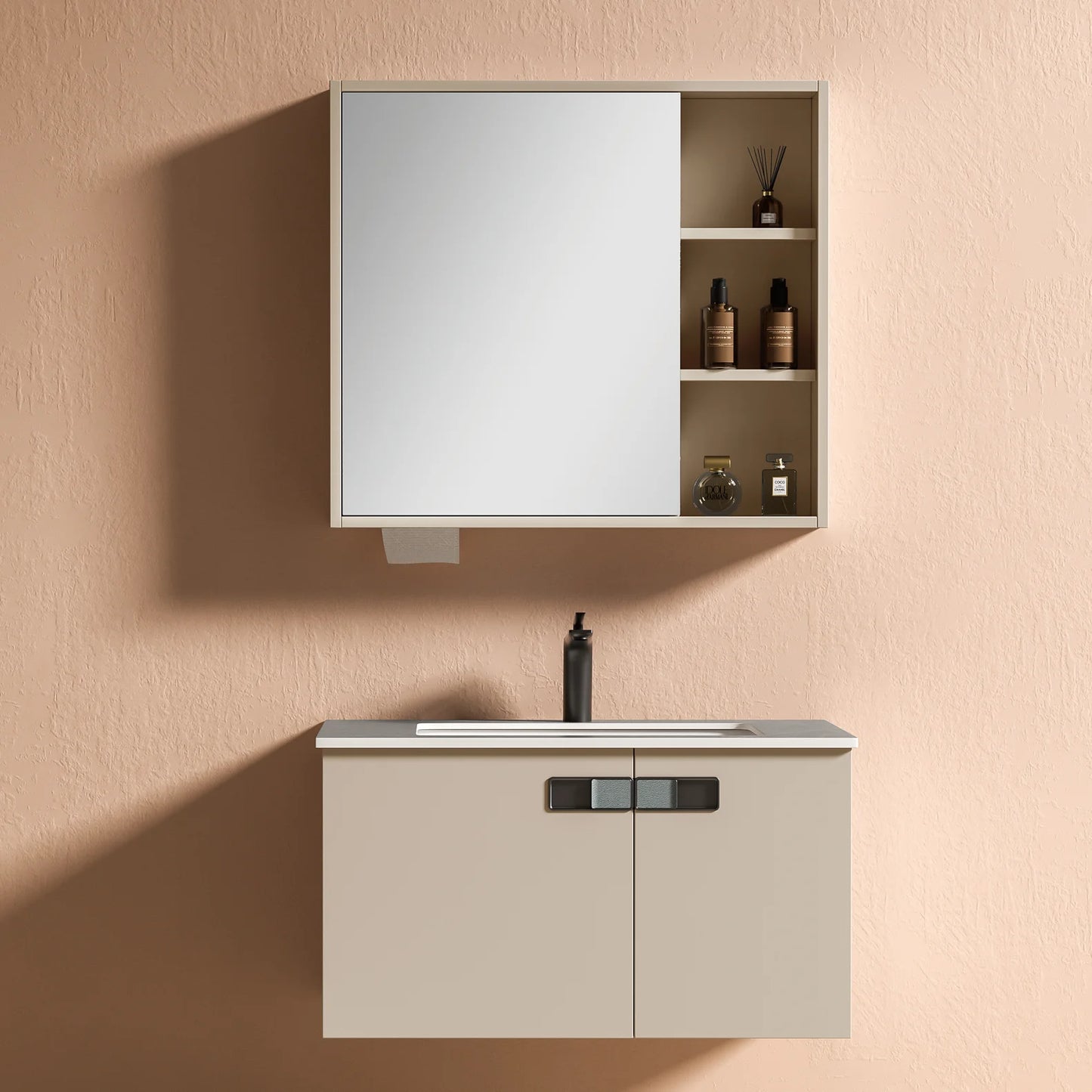 Modern Design Gray PVC Bathroom Vanity Cabinet Framed Mirror Wall-Mounted for  Villas Hotels Includes Wash Basin