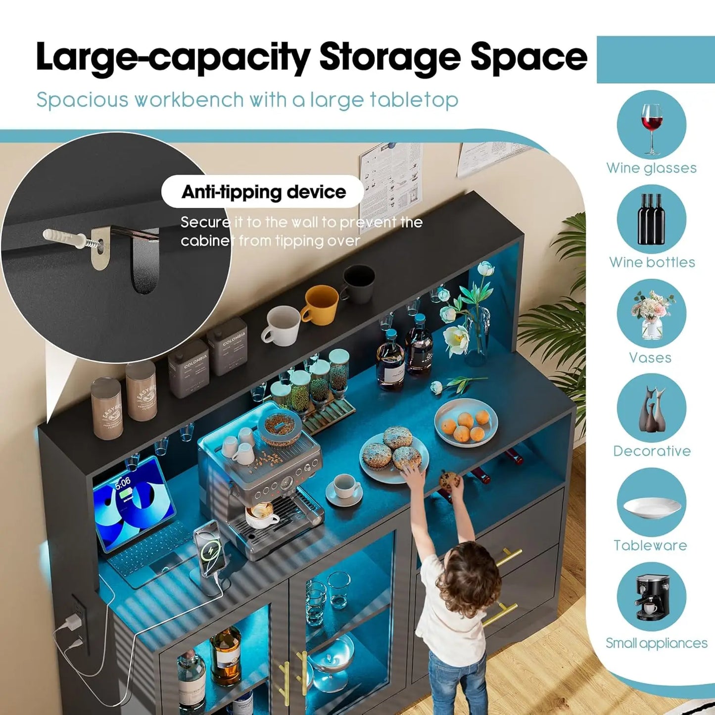 Bar Cabinet with Wine Rack, Liquor Cabinet with RGB Light, Coffee Bar Cabinets with USB Power Outlet, Home Wine, Customized