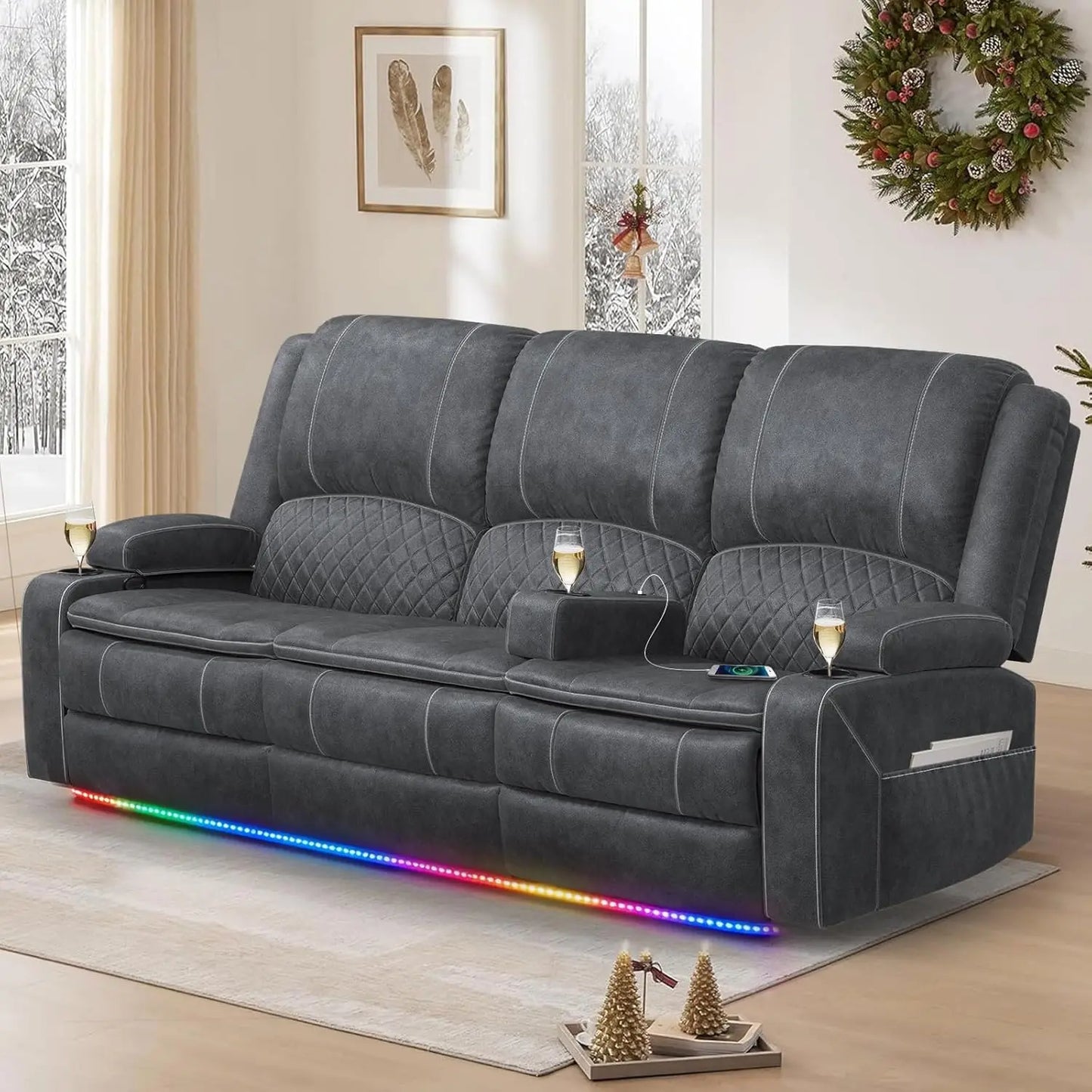 3 Seat Recliner Sofa with Console, Armrest, PU Leather, Cup Holders, USB Ports, Living Room/RV, Customized