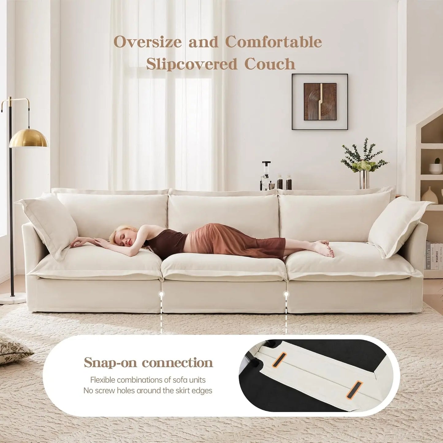 L-Shaped Modular Sectional Sofa Removable Slipcover Cloud 3-Seater Movable Ottoman Chenille Living Room Customized