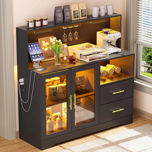 Bar Cabinet with Wine Rack, Liquor Cabinet with RGB Light, Coffee Bar Cabinets with USB Power Outlet, Home Wine, Customized