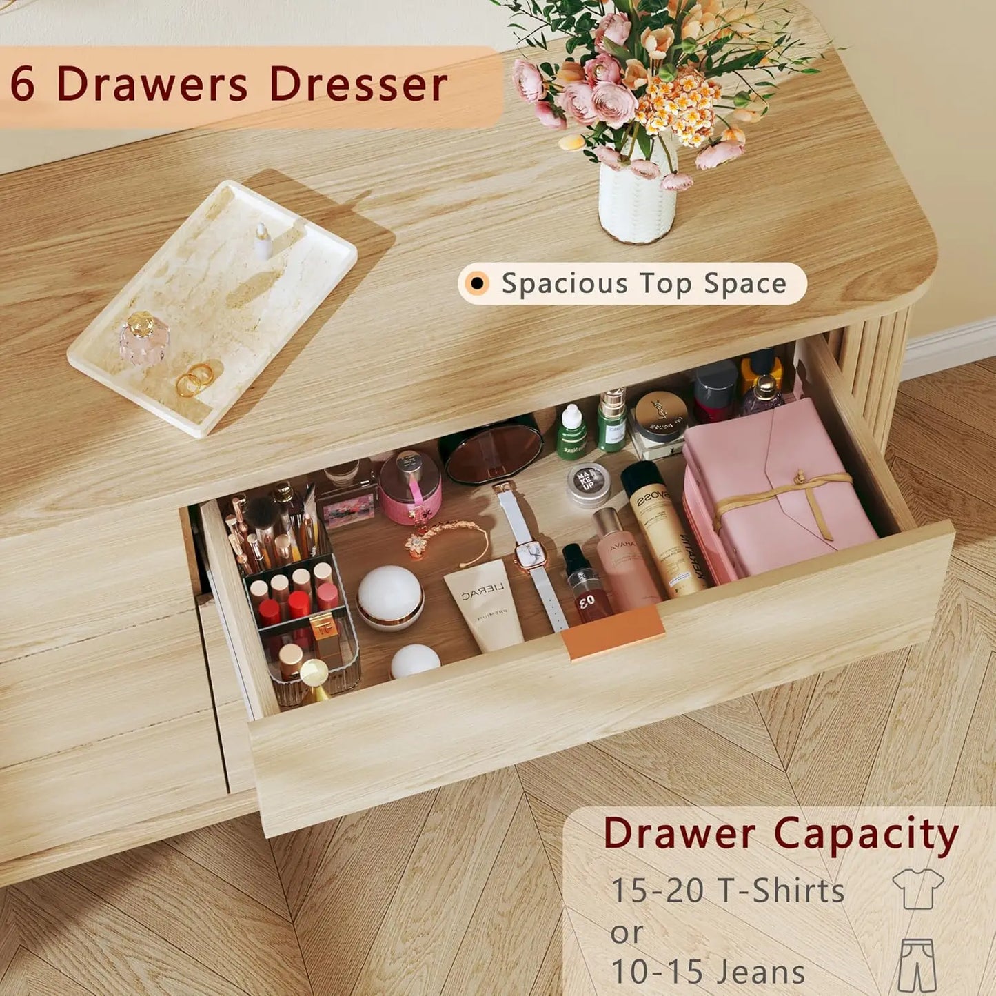 Fluted 6 Drawer Dresser Mid Century Modern Curved Profile Wood Storage Unit for Bedroom Hallway Entryway 55 inch Oak Customized