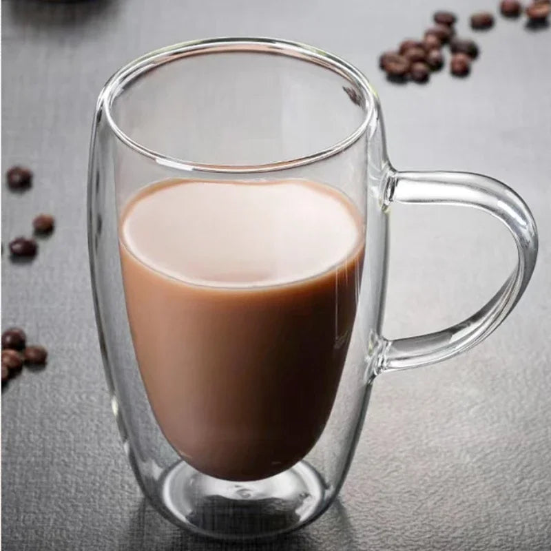 Heat Resistant Clear Double Wall High Borosilicate Glass Mug with Handle Coffee Milk Juice Water Cup Coffeeware Lover Gift