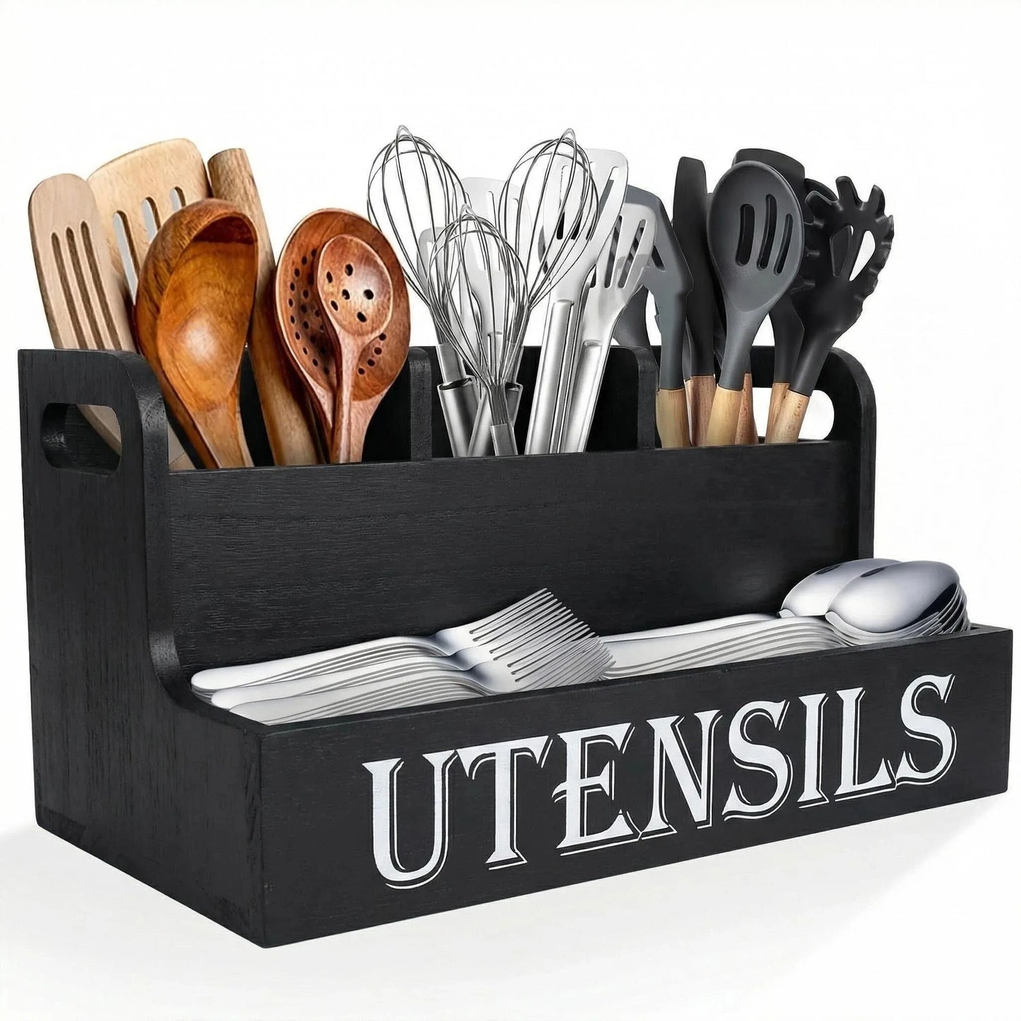 Wooden Kitchen Utensil Rack - With 4 Compartments Kitchen Utensil Organizer, Rustic Farmhouse Countertop Cookware Storage Box