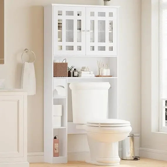 Freestanding Toilet-Top Storage Cabinet with 2 Glass Doors and Adjustable Shelves
