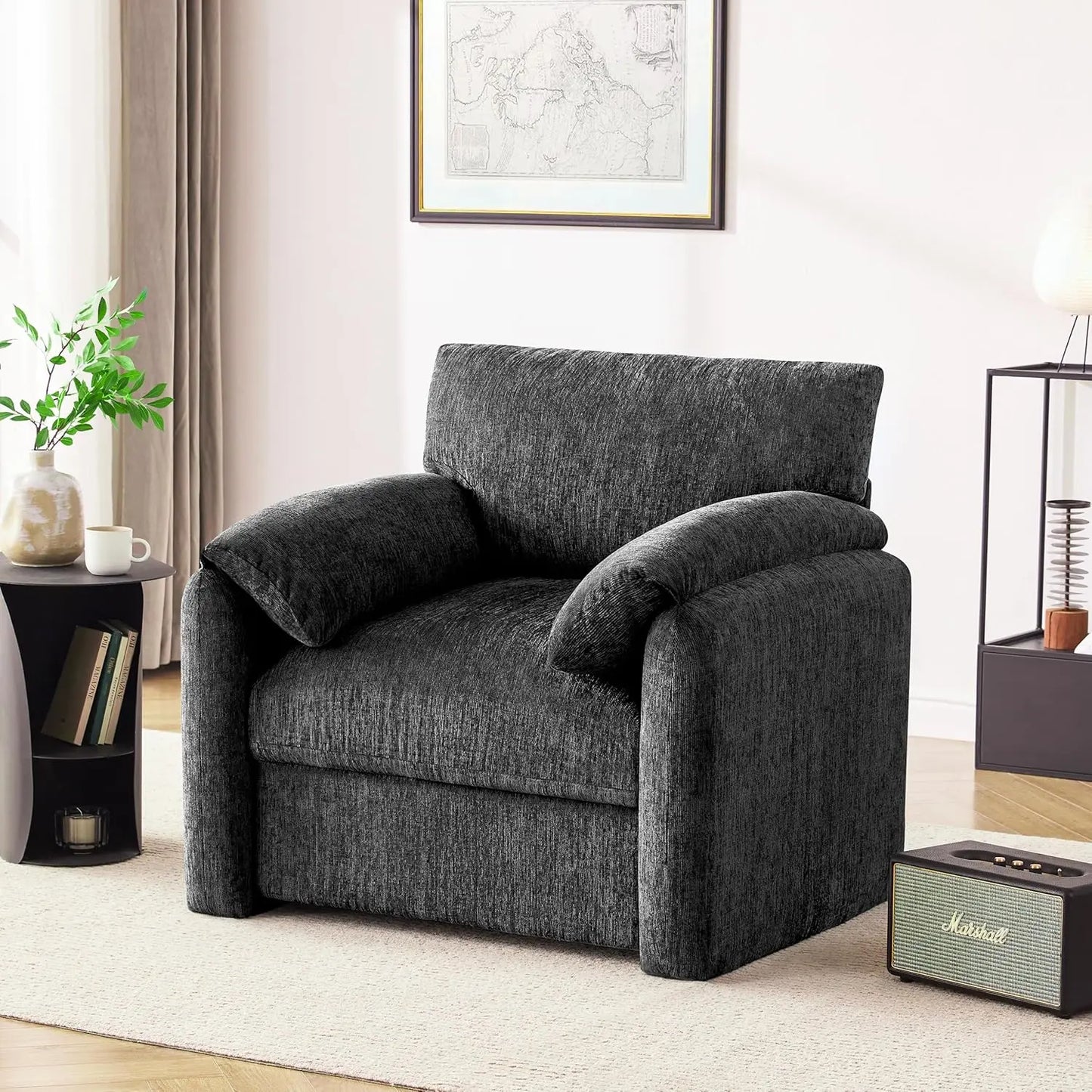 38.6in Chenille Oversized Armchair Mid-Century Upholstered Lounge Reading Chair Living Room Bedroom Beige Customized