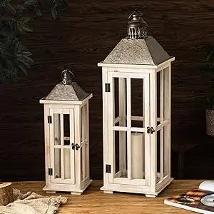 Large Rustic Wooden Decorative Lantern Set of 2, Modern Farmhouse Distressed Whitewash Floor Candle Lanterns, Indoor/Outdoor Han