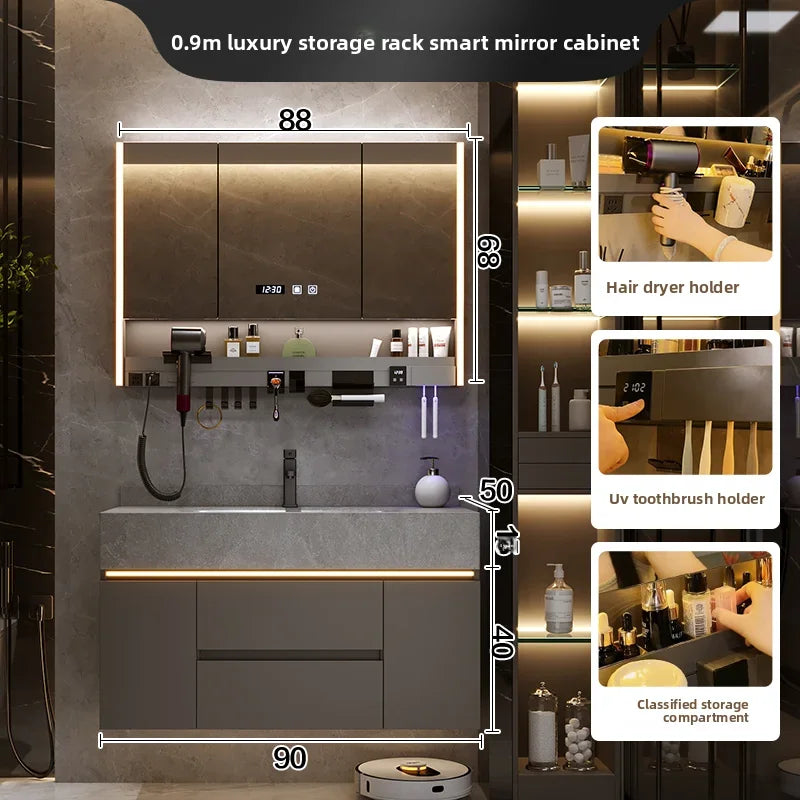 Bathroom Cabinet with Rock Plate Integrated Basin Bathroom Vanity Cabinet with Sink Smart Mirror Combination Bathroom Furniture