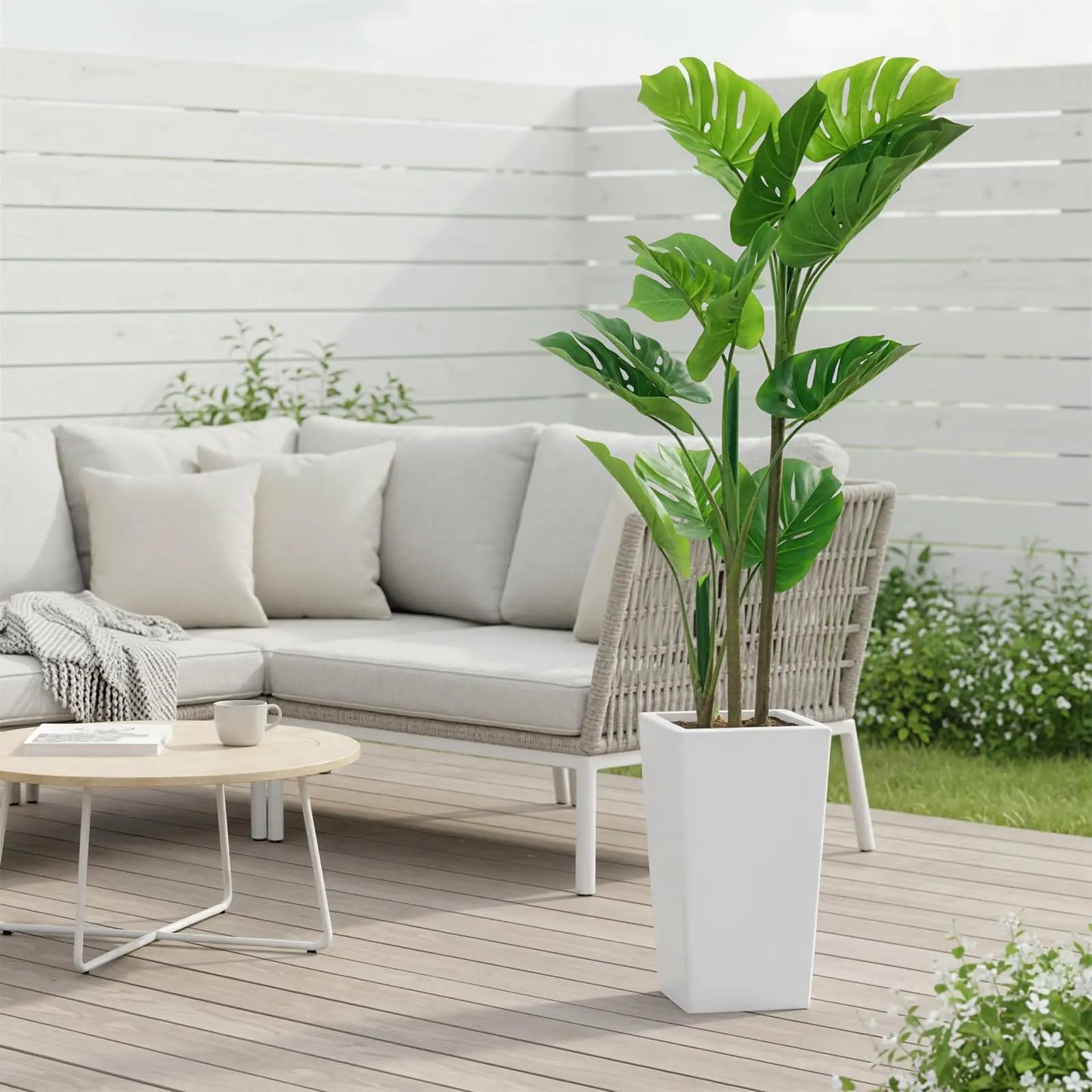 4.5FT Artificial Monstera Plant Tree with Tall White Planter, Fake Floor Plants, Faux Tropical Palm Tree for Home Office Porch