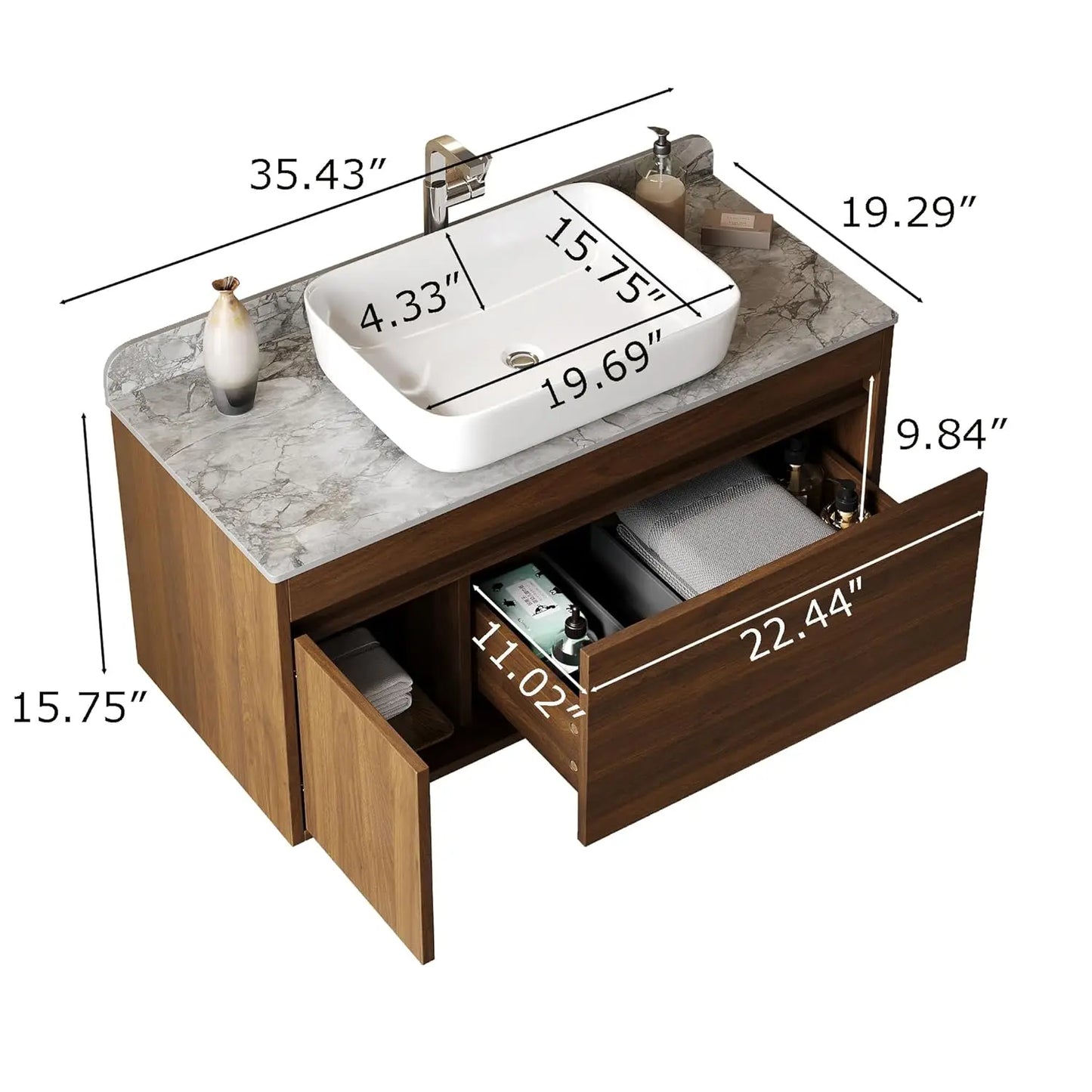 36in Floating Bathroom Vanity Sink Combo Wood Cabinet Gray Sintered Stone Countertop Easy Assembly Customized