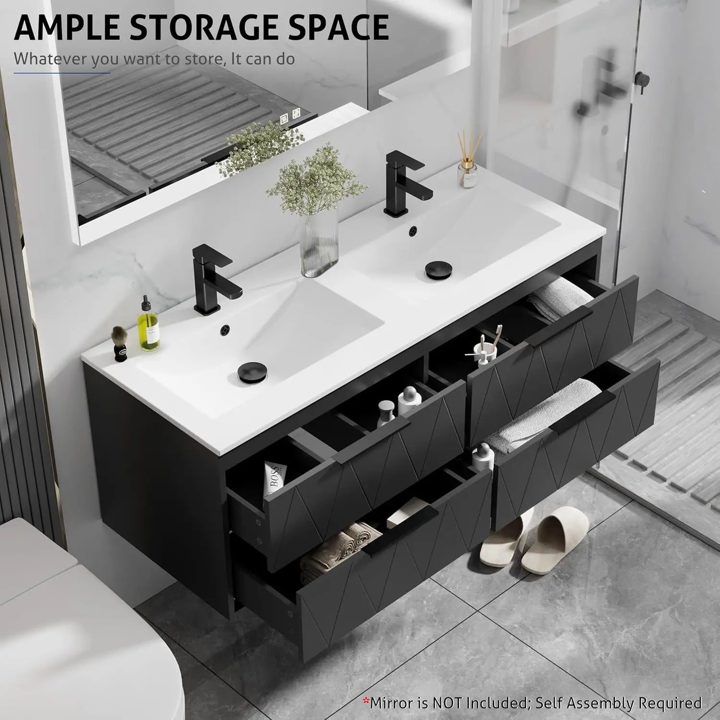 48" Wall Mounted Floating Bathroom Vanity Cabinet with Sink Combo Soft-Close 4 Big Drawers Matte Black Faucet, Customized