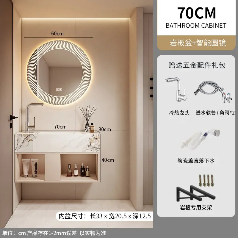 Modern Bathroom Vanity Cabinet Sink Small-sized Bathroom Cabinet with Smart Round Mirror Rock Ceramic Basin Bathroom Furniture