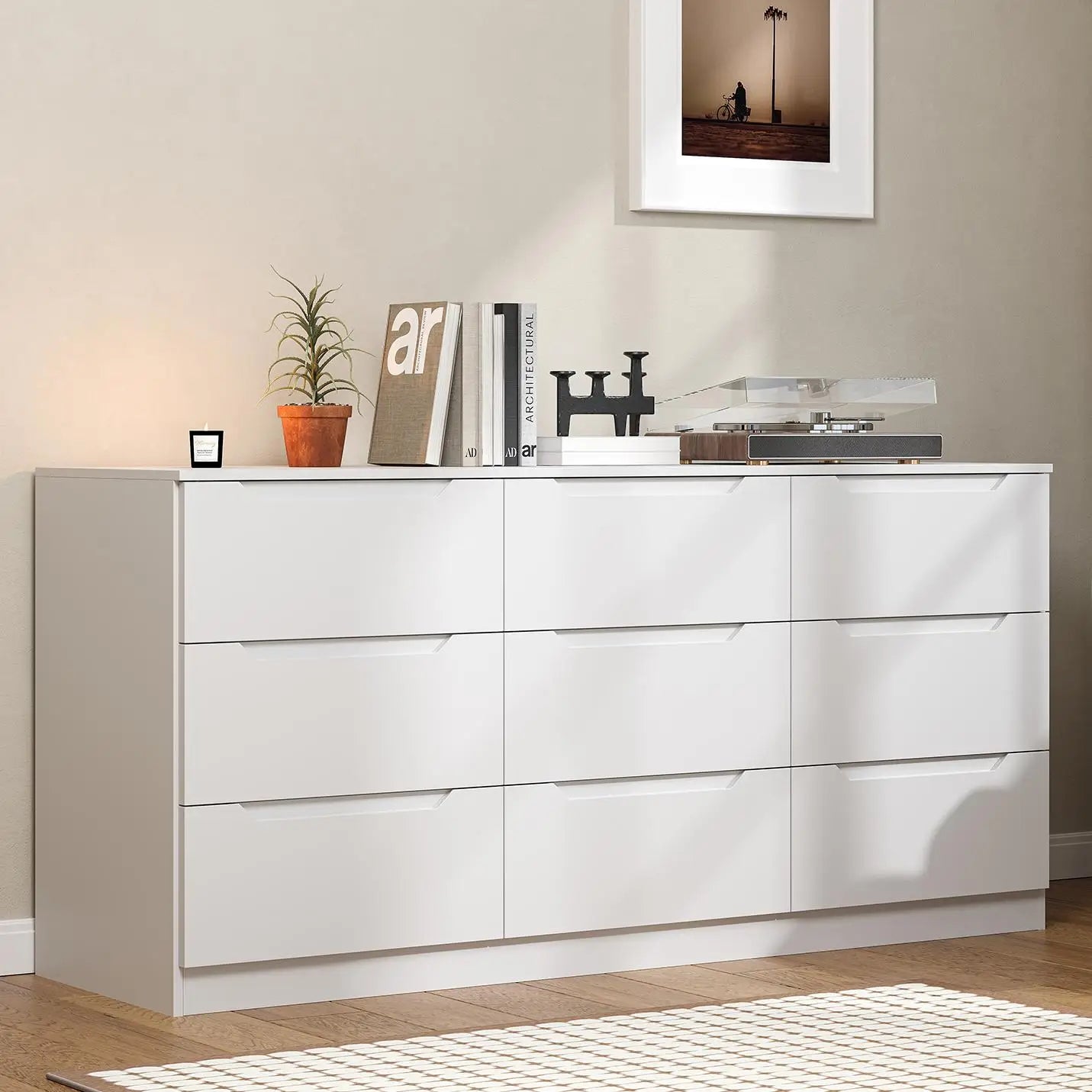 9 Drawer Dresser,62” Wide Chest of Drawer Dresser, Modern Storage Cabinets with Large Wood Drawer for Bedroom, Living Room, Entr