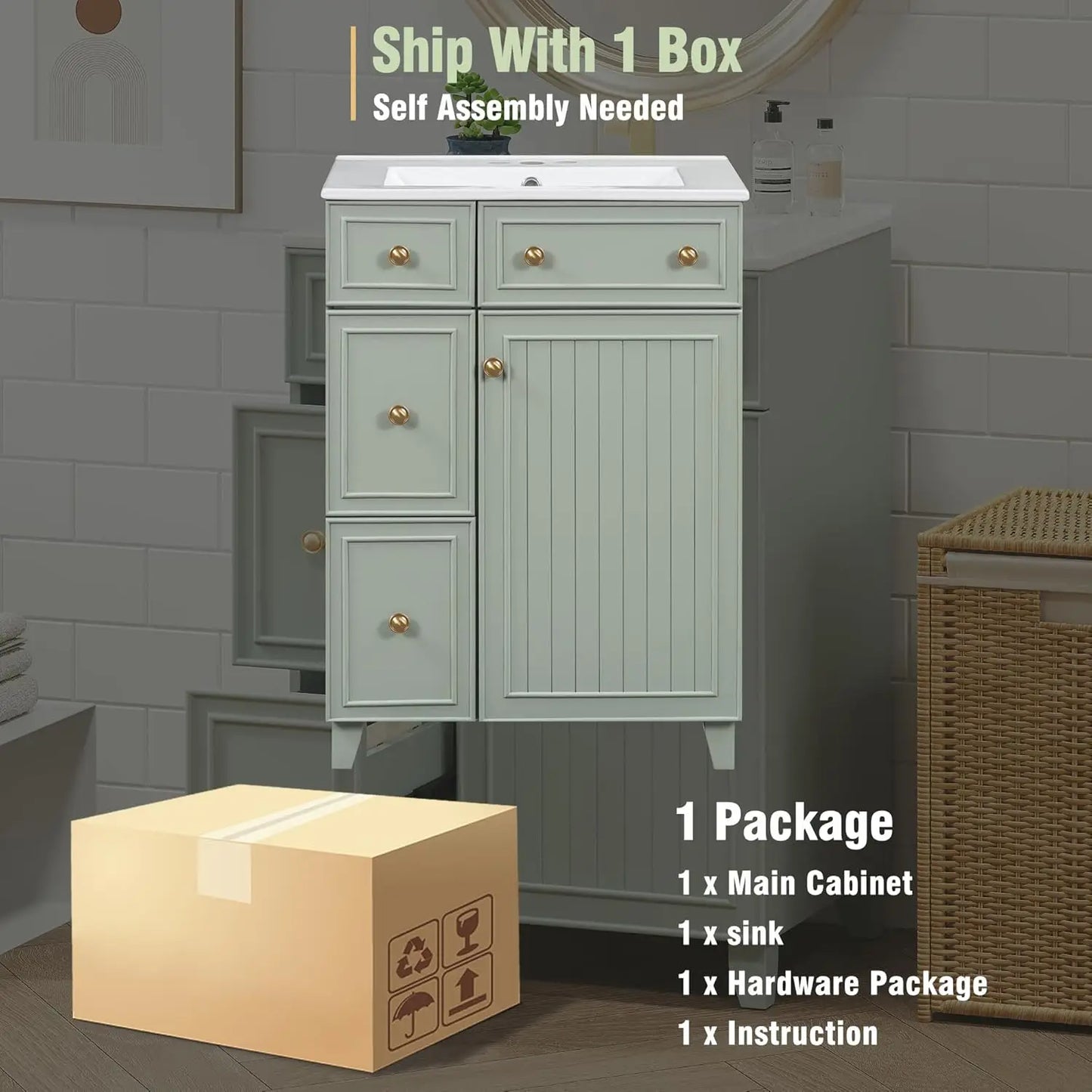 24in Small Vanity Cabinet Undermount Sink Soft Close Door Easy Assembly Bathroom Furniture Customized