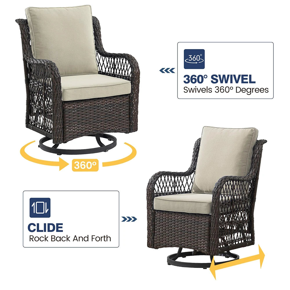 3-Piece Wicker Swivel Rocking Patio Set, 2 Chairs & Glass Table, Rattan Outdoor Furniture With Cushions For Patio Porch Backyard