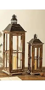 Large Rustic Wooden Decorative Lantern Set of 2, Modern Farmhouse Distressed Whitewash Floor Candle Lanterns, Indoor/Outdoor Han