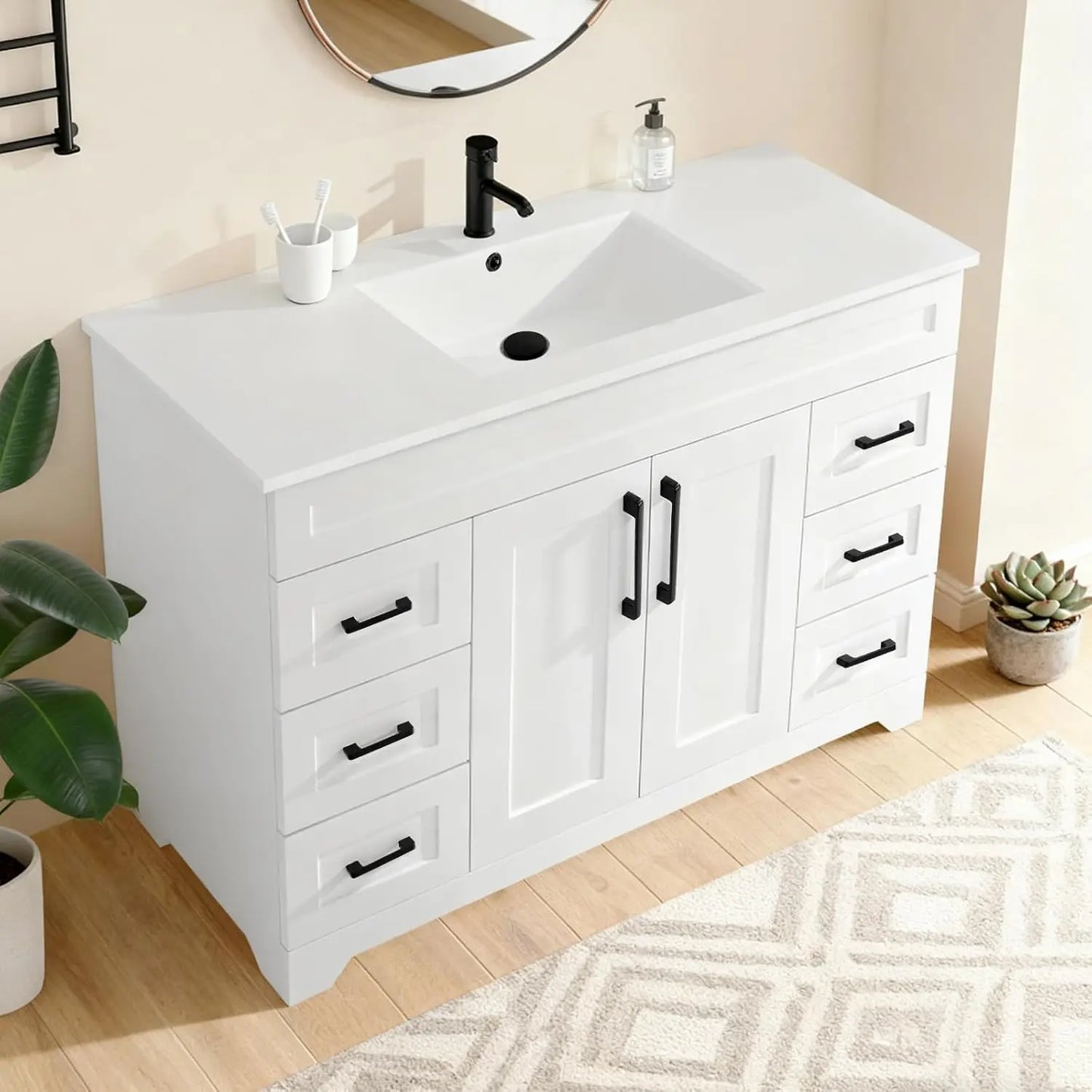 White Bathroom Vanity Cabinet with Resin Sink Combo Soft Close Doors 6 Drawers Modern Storage, Customized