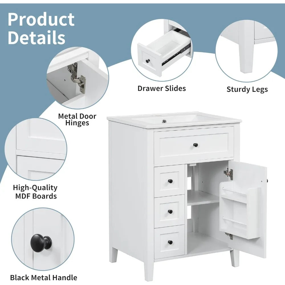 White 24 Inch Bathroom Vanity with Sink Combo Solid Wood Storage Cabinet 3 Drawers Tip Out Door Soft Close Adjustable Shelves