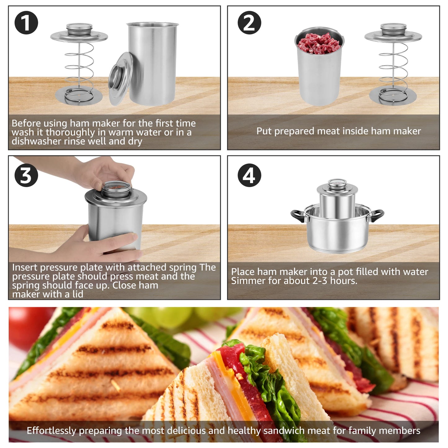 Stainless Steel Meat Press Cooker Large Capacity Ham Maker Round Shape Deli Meat Press Mold With Thermometer For Home Kitchen