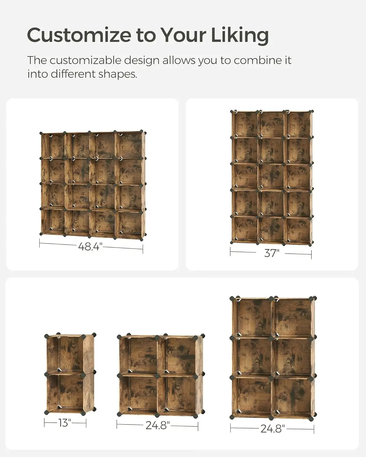 16-Cube Storage Organizer Set, Plastic Closet Shelves for Bedroom Living Room, 12.2x48.4x48.4 Inches Rustic Brown