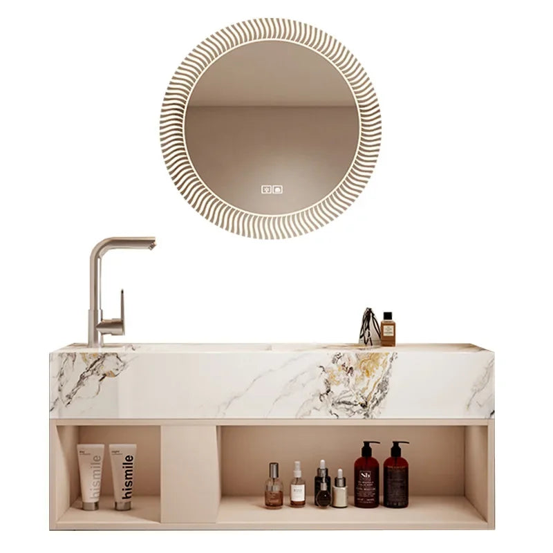 Modern Bathroom Vanity Cabinet Sink Small-sized Bathroom Cabinet with Smart Round Mirror Rock Ceramic Basin Bathroom Furniture