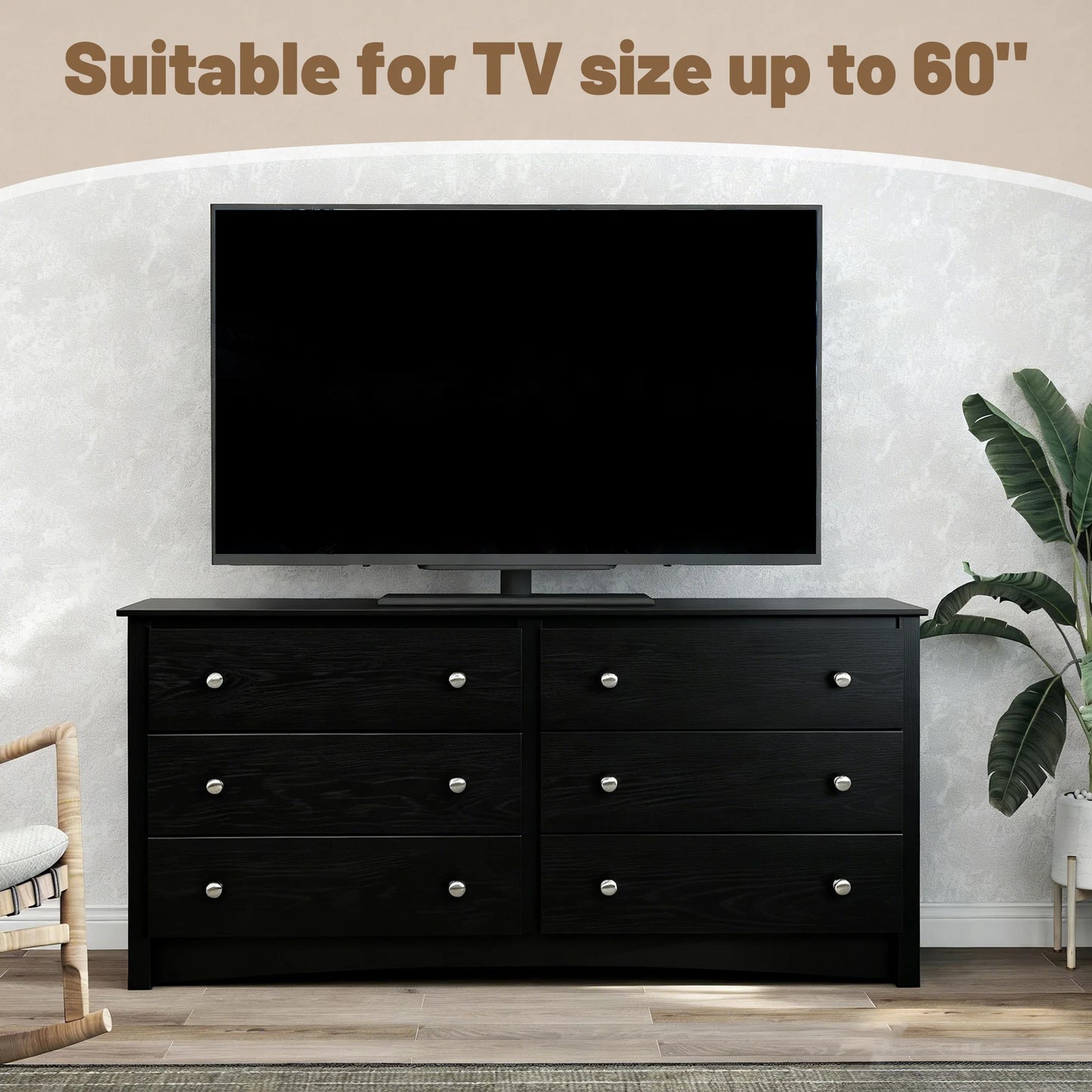 JHK 59IN Wood 6 Dresser Drawers Cabinet for Living Room Stable Structure Storage Wide Chest of Drawers Furniture For Bedroom