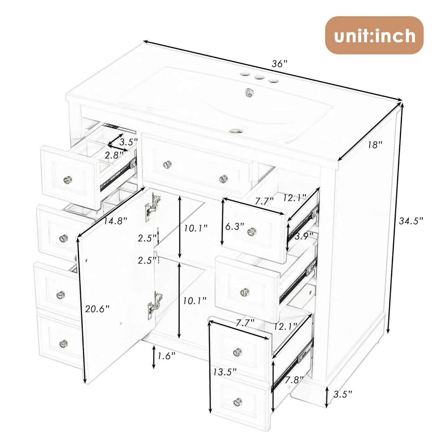 36" Bathroom Vanity Basin Sink Cabinet 6 Drawers Storage No Mirror White, Customized
