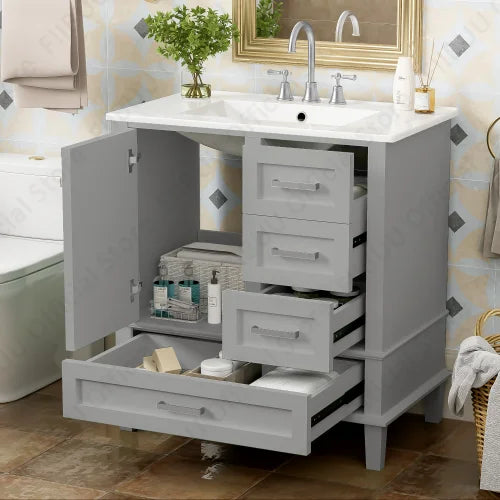 30" Bathroom Vanity with Sink Solid Wood Cabinet Waterproof Modern Storage with 3 Drawers Soft Close Door Sink Vanity Combo Set