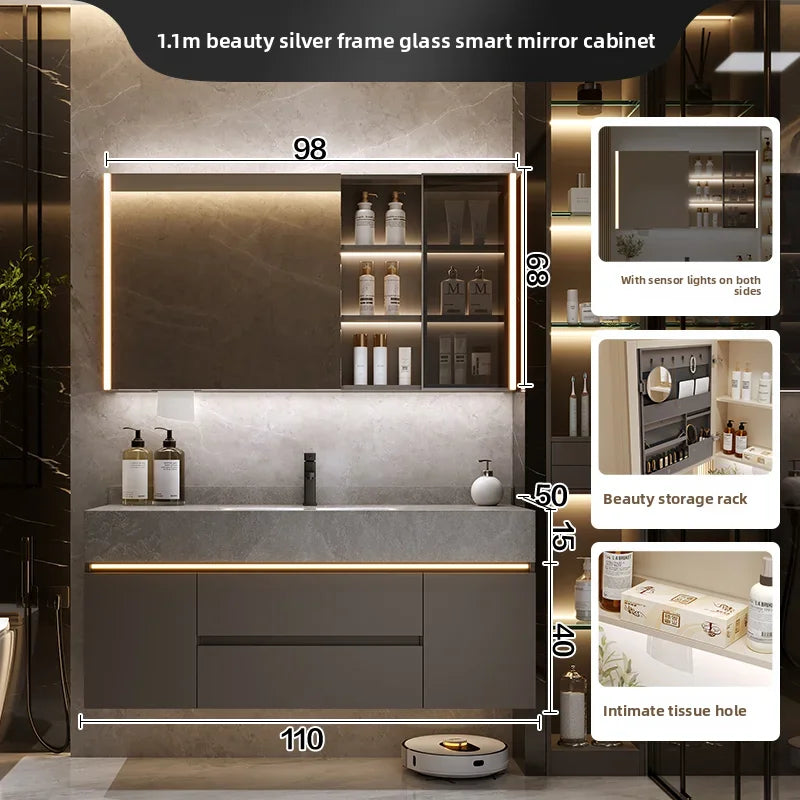 Bathroom Cabinet with Rock Plate Integrated Basin Bathroom Vanity Cabinet with Sink Smart Mirror Combination Bathroom Furniture